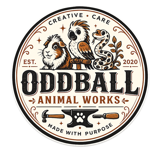 Oddball Animal Works logo with a guinea pig, cockatoo and snake