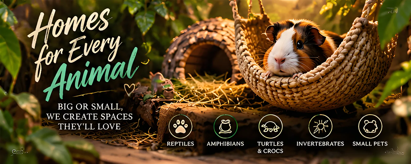 Homes for every animal. Big or small, we create spaces they will love: reptiles, amphibians, turtles and crocs, invertebrates, small pets.